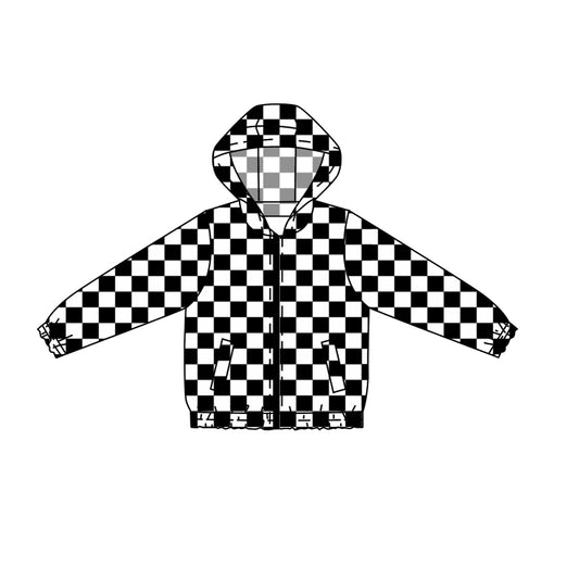 Preorder (moq 5)Baby Boys Black Checkered Pockets Hooded Zip Jackets Tops