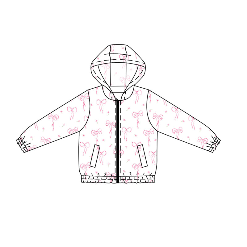 Preorder (moq 5)Baby Girls Pink Bows Pockets Hooded Zip Jackets Tops