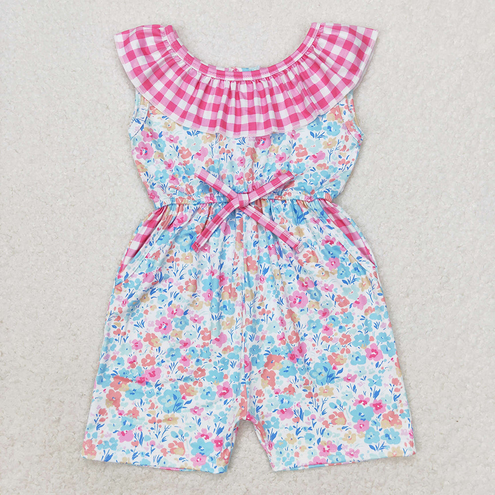 Baby Girls Pink Blue Floral Pockets Shorts Jumpsuits