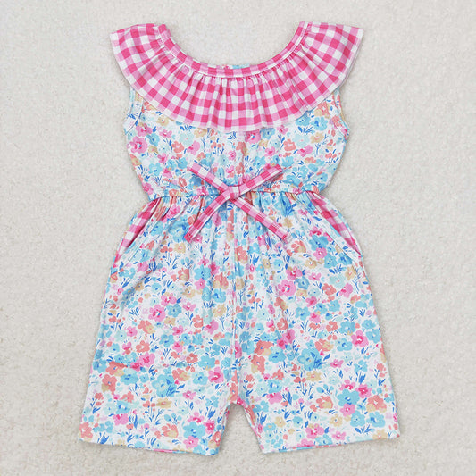 Baby Girls Pink Blue Floral Pockets Shorts Jumpsuits