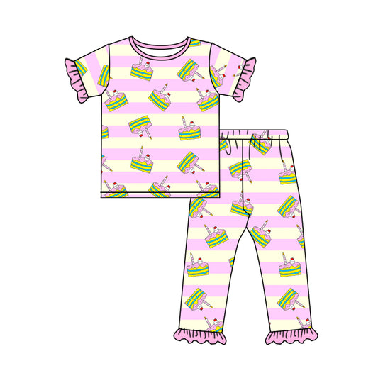 Baby Girls Cake Birthday Short Sleeve Top Ruffle Pants Pajamas Outfits Sets preorder(moq 5)