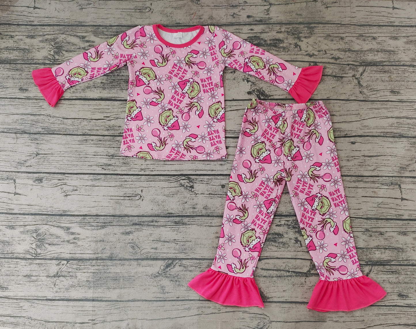 Baby Girls Long Sleeve Pink Frog Christmas Top Ruffle Pants Pajamas Clothes Sets