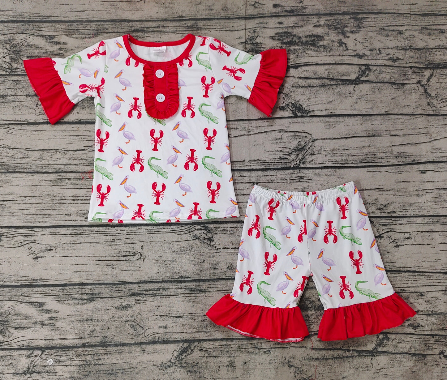 Baby Girls Red Ruffle Crawfish Shirt Shorts Pajamas Clothes Sets