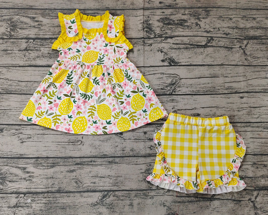 Baby Girls Lemon Flowers Tunic Ruffle Shorts Clothes Sets