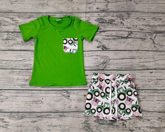 Baby Boys Green Pocket Shirt Tops Tractors Farm Shorts Clothes Sets