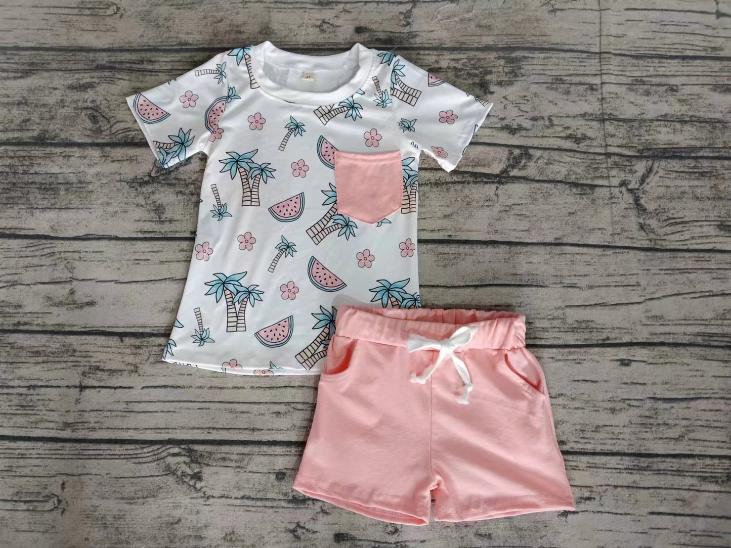 Baby Boys Tree Watermelon Pocket Tee Shirt Pink Shorts Clothes Sets preorder (moq 5)
