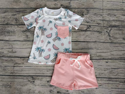 Baby Boys Tree Watermelon Pocket Tee Shirt Pink Shorts Clothes Sets preorder (moq 5)