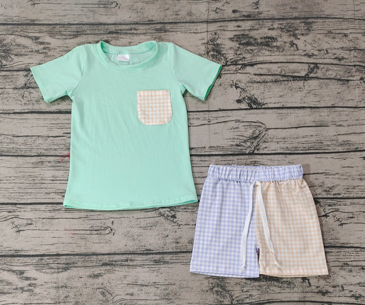 Baby Boys Green Pocket Tee Shirt Checkered Shorts Clothes Sets