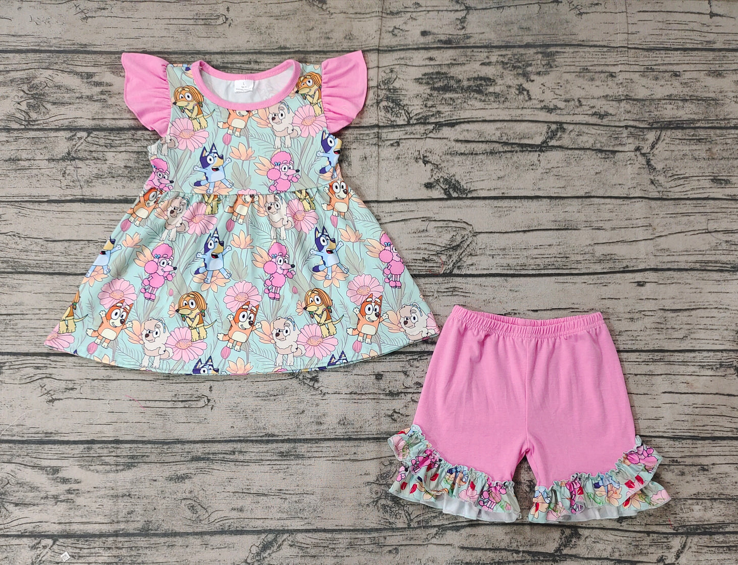 Baby Girls Dogs Flowers Flutter Sleeve Tunic Top Ruffle Shorts Clothes Sets