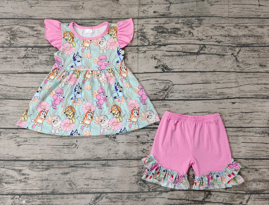 Baby Girls Dogs Flowers Flutter Sleeve Tunic Top Ruffle Shorts Clothes Sets