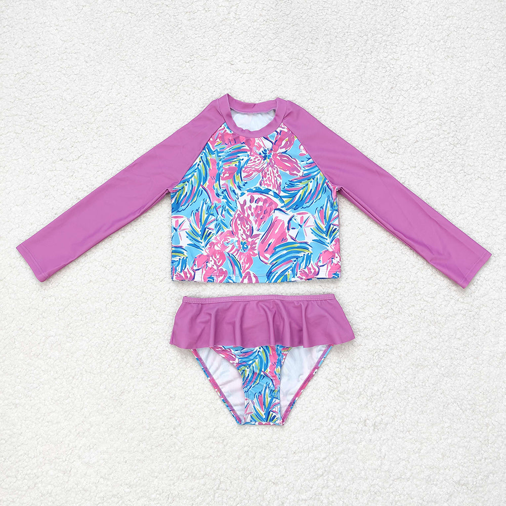 Baby Girls Pink Flowers Long Sleeve Top Bummie Two Pieces Swimsuits