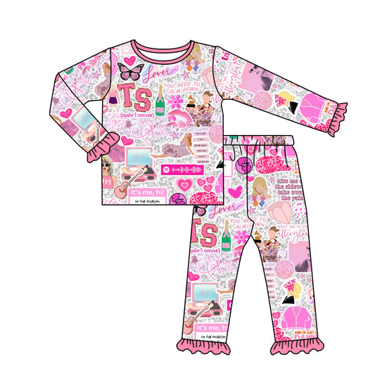 Baby Girls Singer Pink Ruffle Shirts Pants Pajamas Outfits Clothes Sets preorder(moq 5)