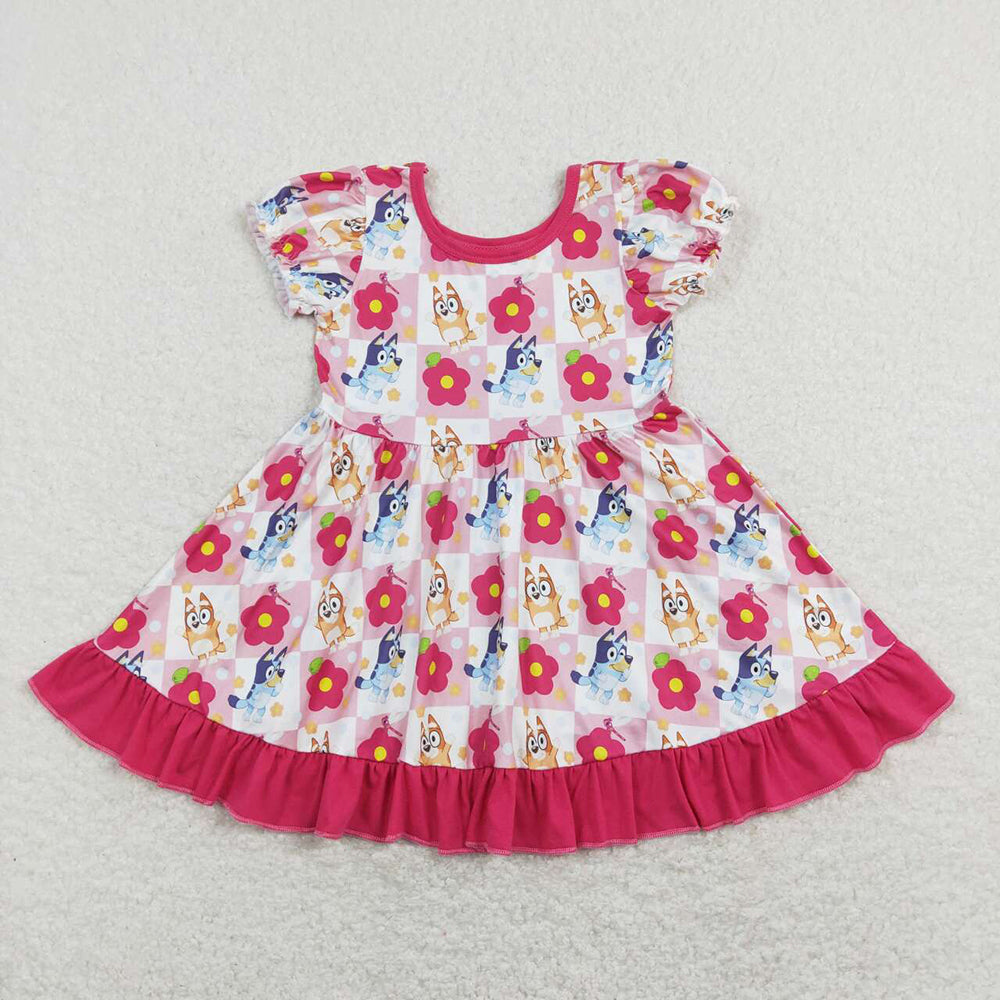 Baby Girls Pink Flowers Dogs Ruffle Knee Length Dresses