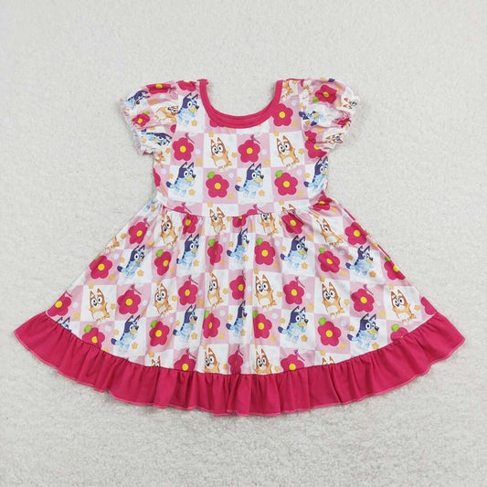 Baby Girls Pink Flowers Dogs Ruffle Knee Length Dresses