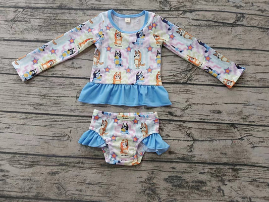 Baby Girls Dogs Long Sleeve Top Ruffle Bummie 2pcs Swimsuits preorder(moq 5)