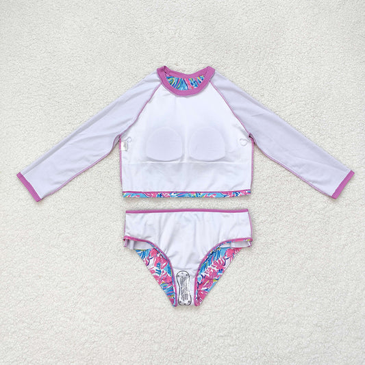 Baby Girls Pink Flowers Long Sleeve Top Bummie Two Pieces Swimsuits