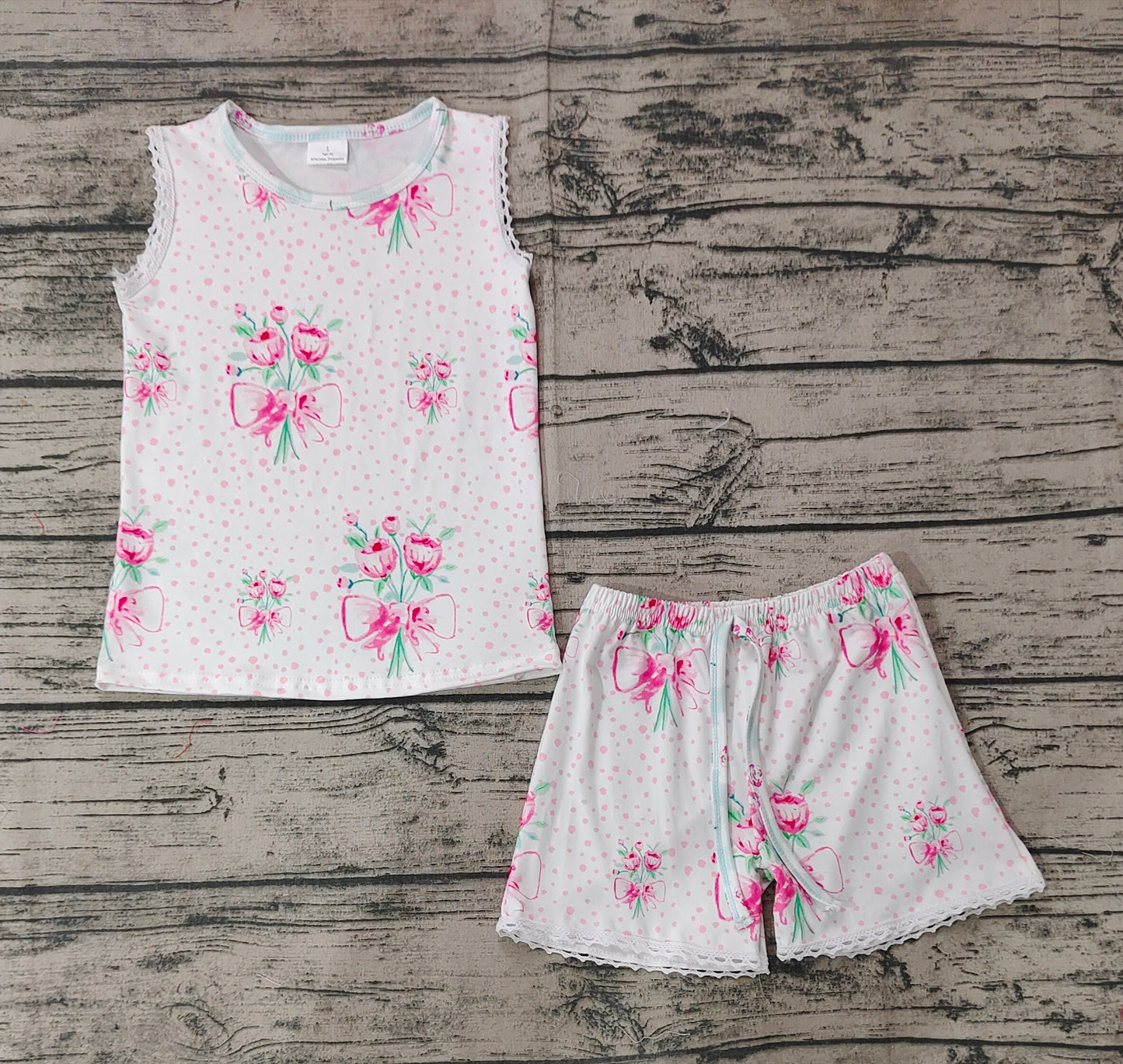 Baby Girls Pink Sleeveless Flowers Shirt Top Shorts Pajamas Clothes Sets