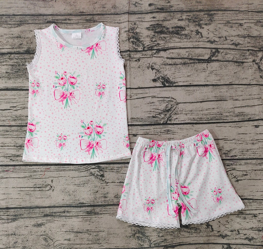 Baby Girls Pink Sleeveless Flowers Shirt Top Shorts Pajamas Clothes Sets