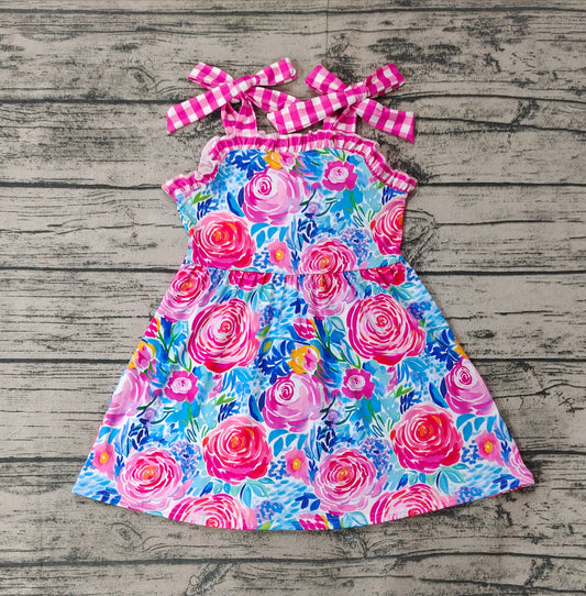 Baby Girls Blue Flowers Straps Knee Length Dresses