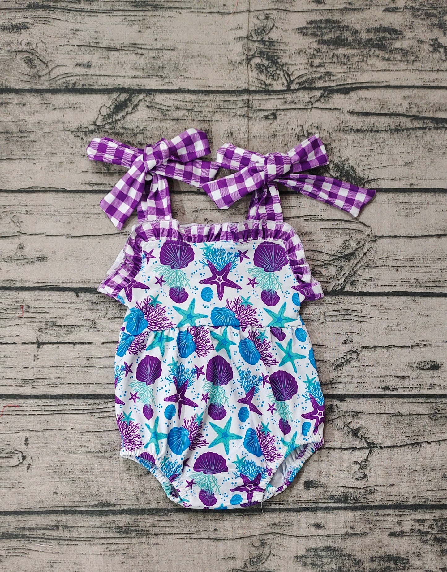 Baby Infant Girls Starfish Purple Straps Checkered Rompers