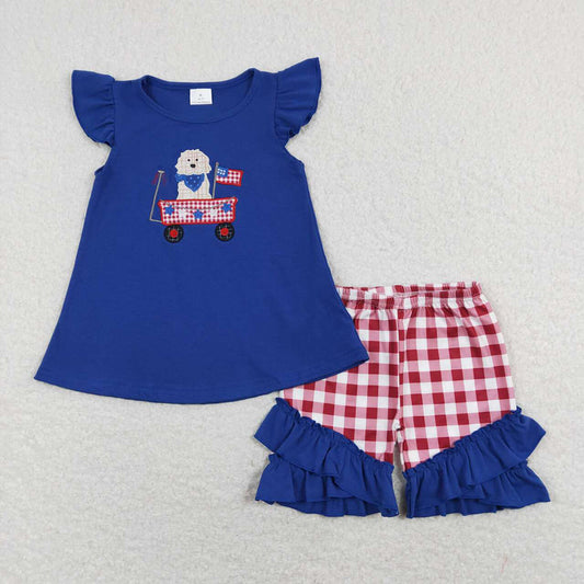 Baby Girls July 4th Dog Flag Tunic Tops Red Checkered Ruffle Shorts Clothes Sets