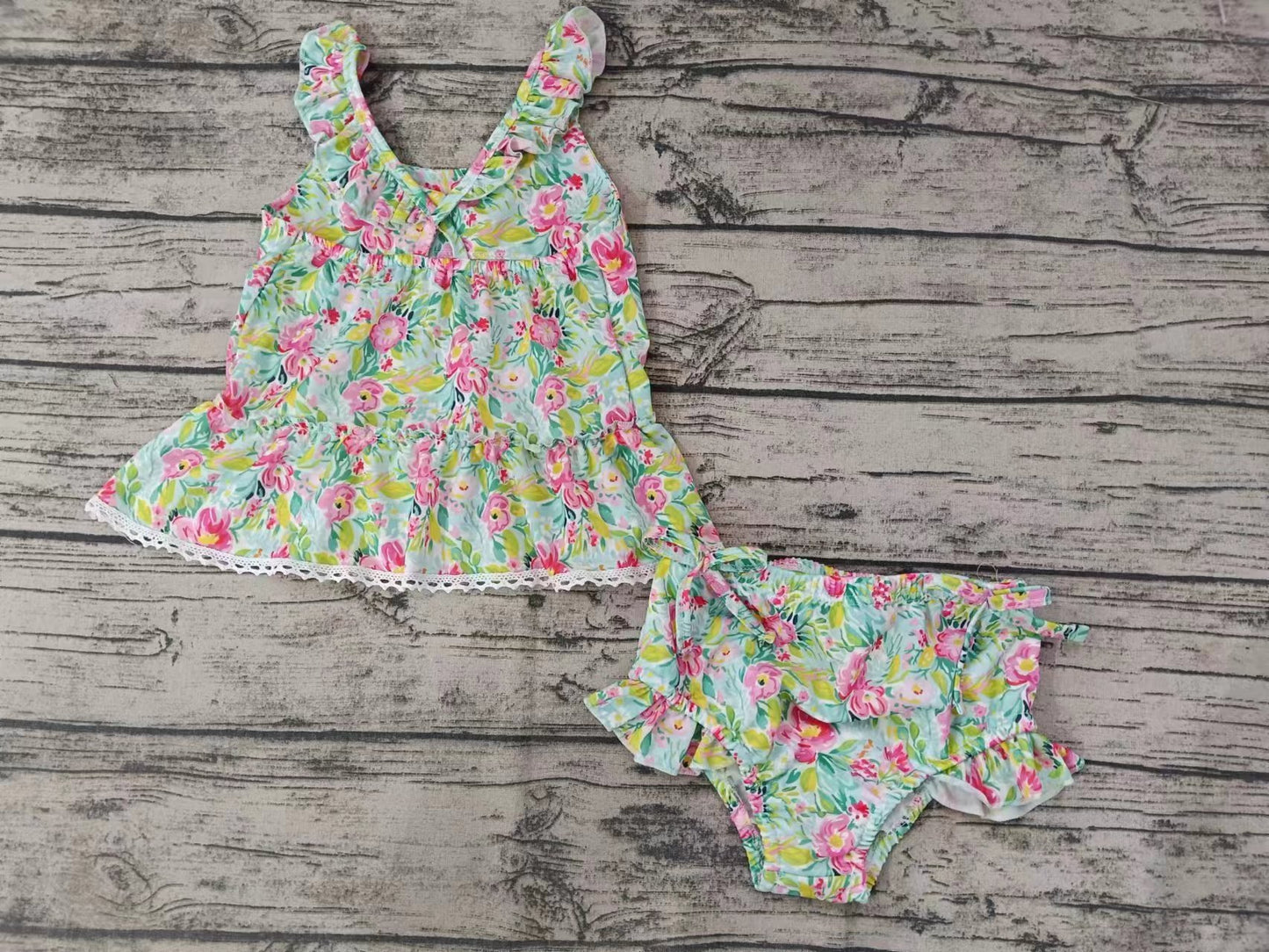 Baby Girls Green Flowers Ruffle Top Bummie Swimsuits Sets preorder (moq 5)