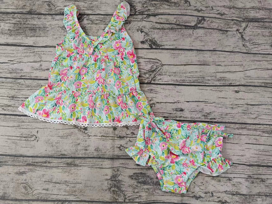 Baby Girls Green Flowers Ruffle Top Bummie Swimsuits Sets preorder (moq 5)