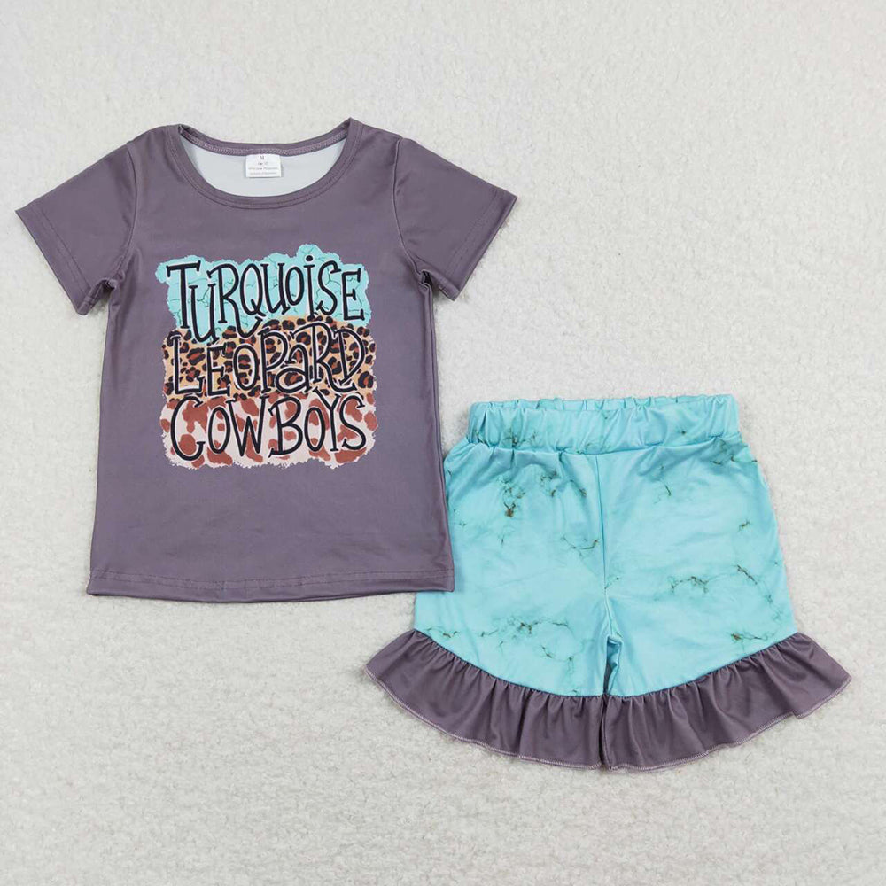 Baby Girls Turquoise Leopard Cowboys Top Ruffle Shorts Clothes Sets