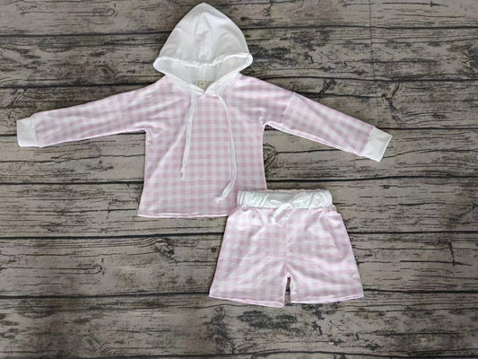 Baby Girls Pink Checkered Hooded Top Shorts Clothes Sets preorder (moq 5)