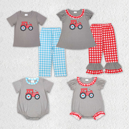 Baby Girls Boys Valentines Tractor Designs Rompers Sibling Clothing Sets