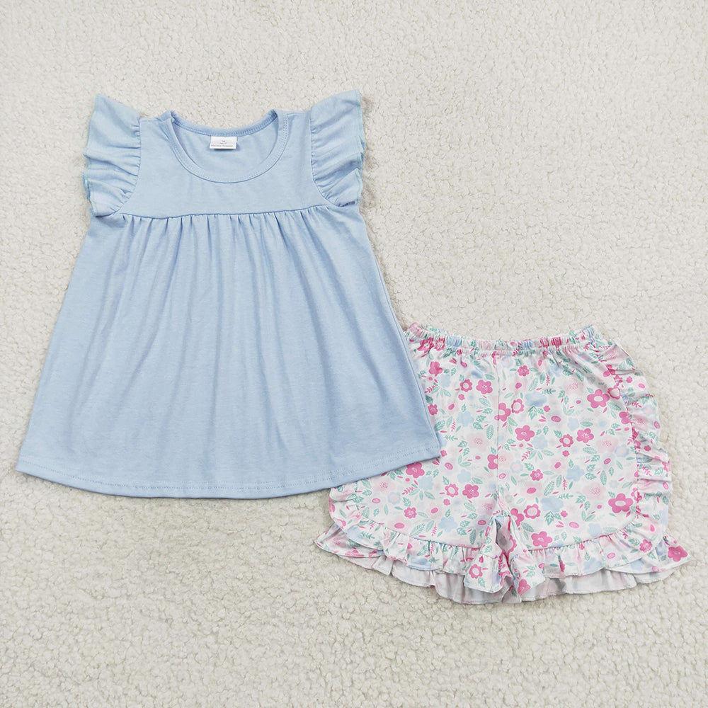 Baby Girls Blue Flutter Sleeve Tunic Top Ruffle Floral Shorts Clothes Sets