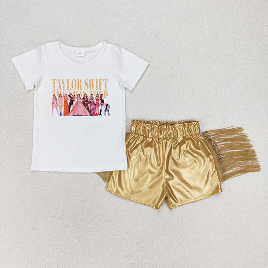 Baby Girls White Singer Eras Shirts Tops Leather Gold Tassel Shorts Clothes Sets