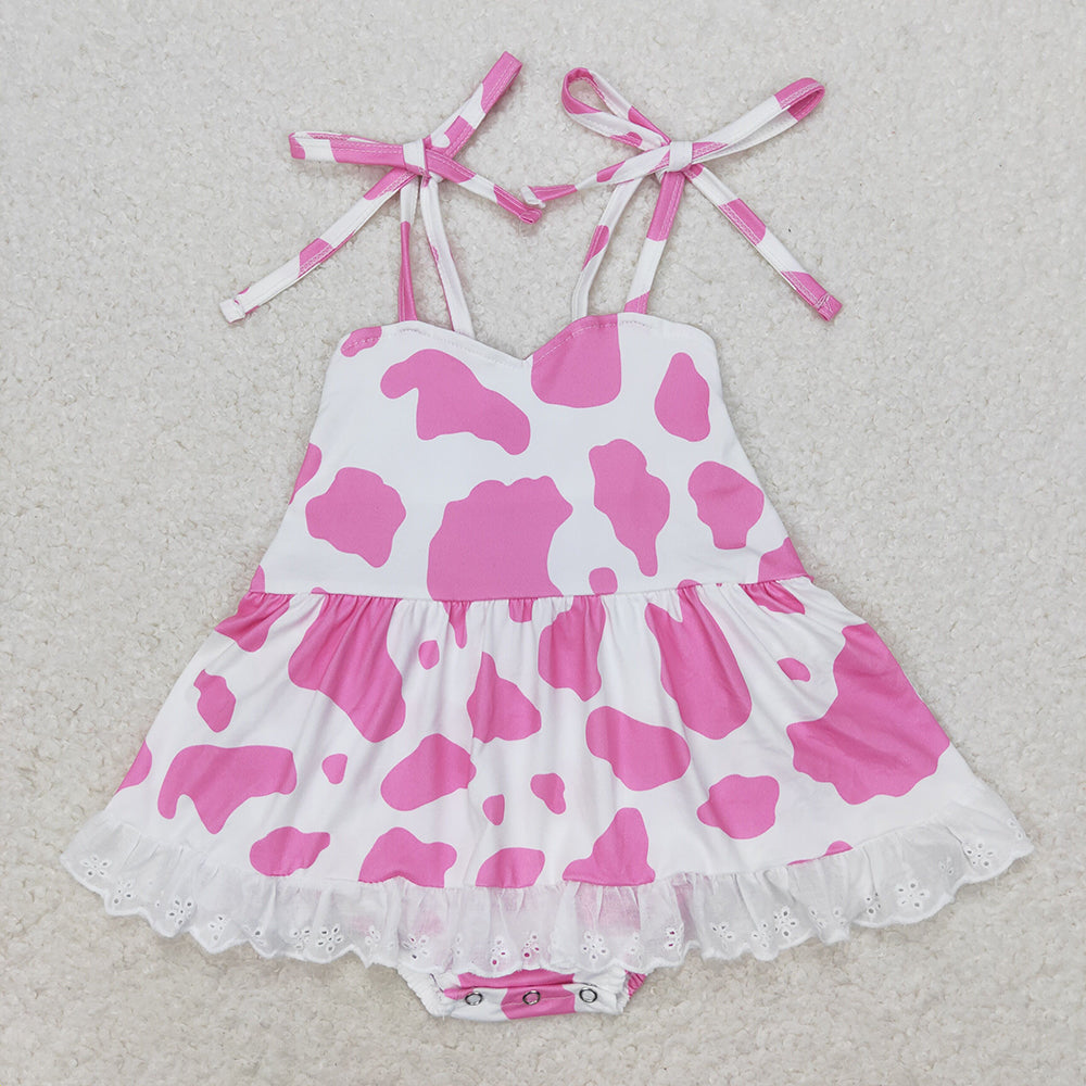 Baby Infant Girls Pink Cow Print Straps Bummie Rompers