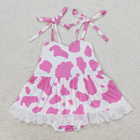Baby Infant Girls Pink Cow Print Straps Bummie Rompers