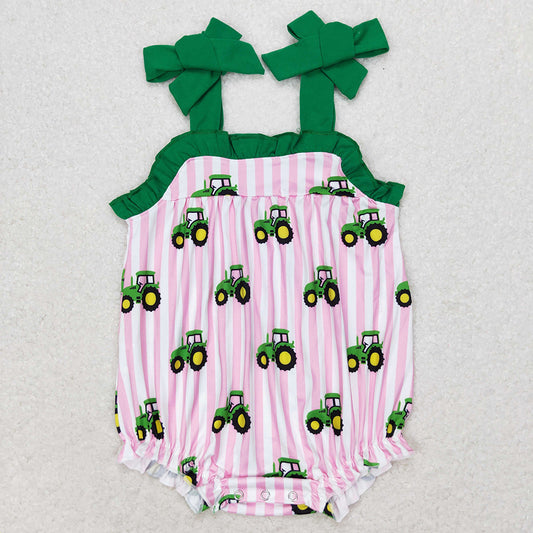 Baby Girls Pink Stripes Tractors Summer Rompers