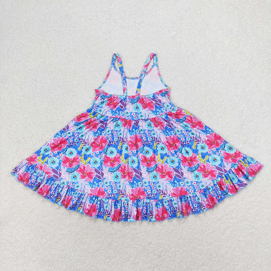 Baby Girls Pink Blue Flowers Straps Ruffle Knee Length Dresses