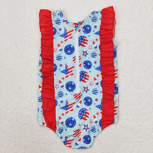 Baby Girls 4th Of July Smile Stars Ruffle One Piece Swimsuits