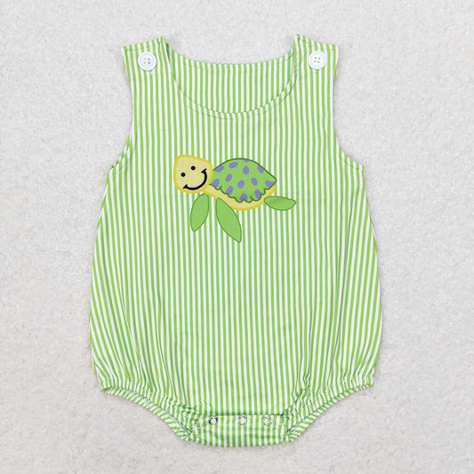 Baby Infant Boys Green Stripes Turtle Sleeveless Summer Rompers