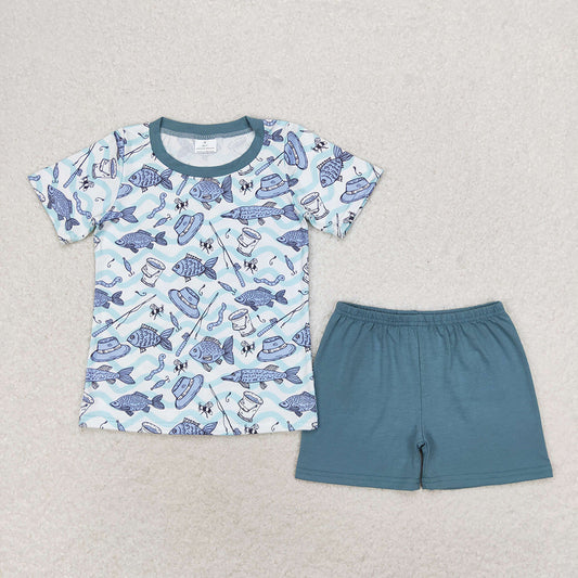 Baby Boys Fishing Stripes Shirt Top Blue Shorts Clothes Sets