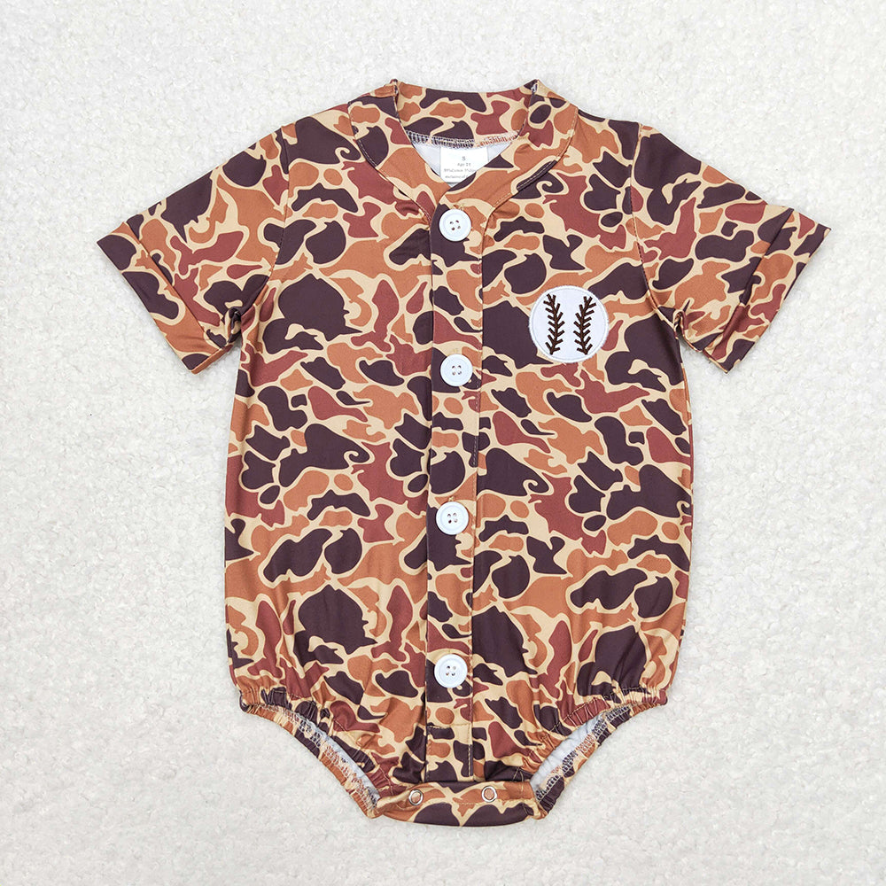 Baby Infant Boys Camo Baseball Buttons Short Sleeve Rompers