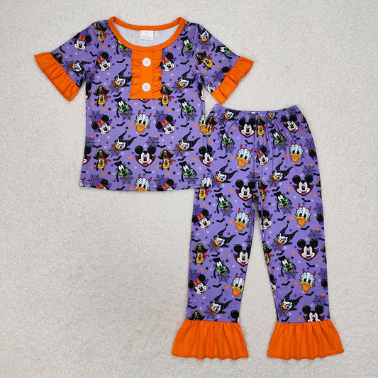 Baby Girls Halloween Cartoon Purple Top Pants Pajamas Clothes Sets