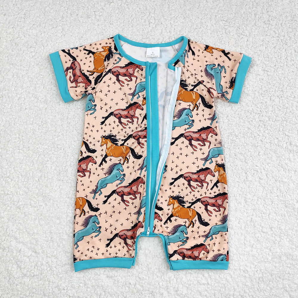 Baby Infant Boys Western Horse Short Sleeve Zip Rompers