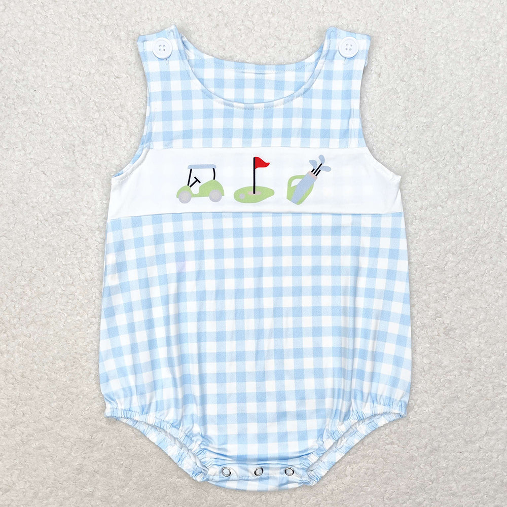 Baby Infant Boys Golf Blue Checkered Summer Sleeveless Rompers