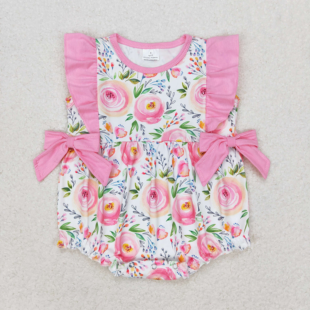 Baby Infant Girls Pink Rose Flowers Ruffle Bows Rompers