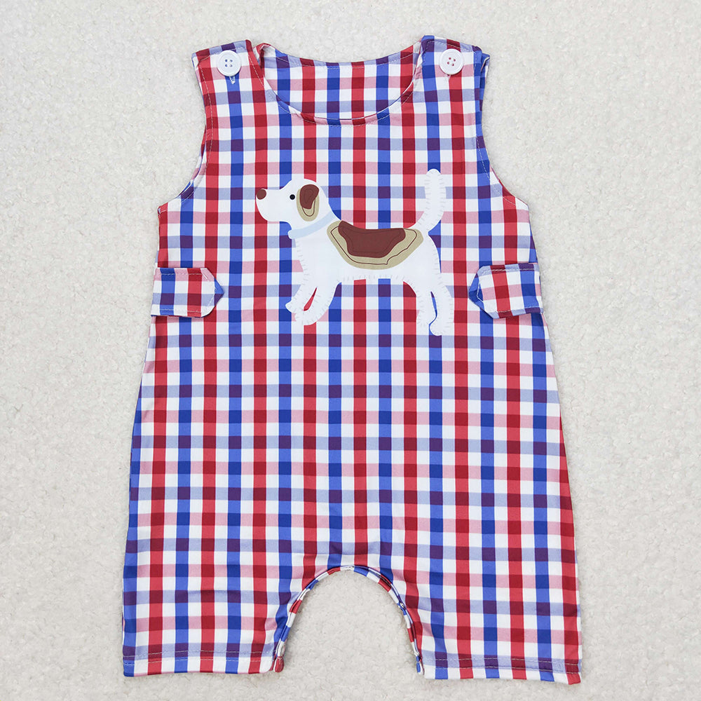 Baby Infant Boys Dogs Blue Red Checkered Rompers