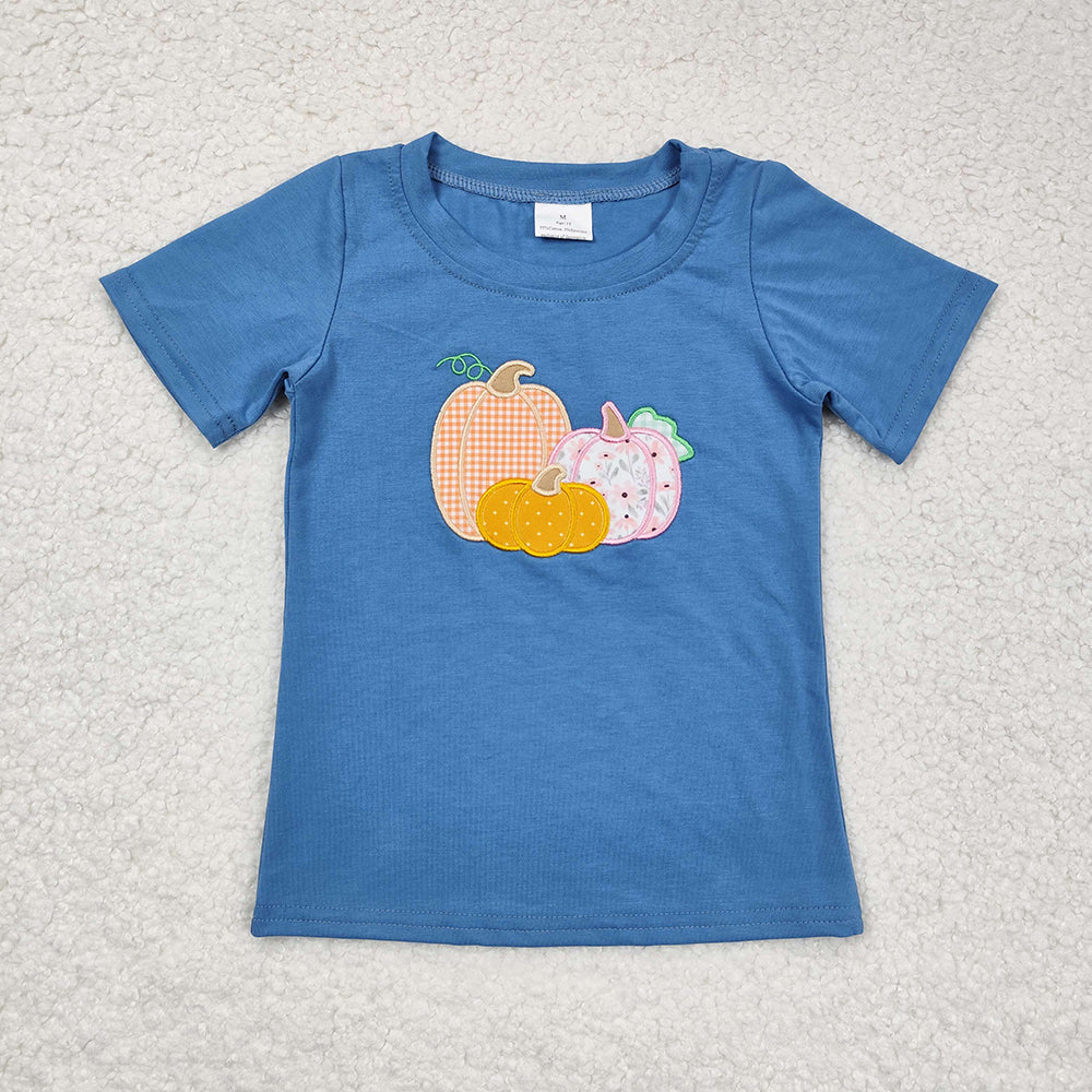 Baby Girls Blue Pumpkin Short Sleeve Tee Shirts Tops