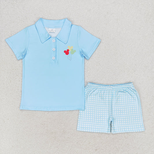 Baby Boys Blue Mouse Balloons Tee Shirt Checkered Shorts Clothes Sets