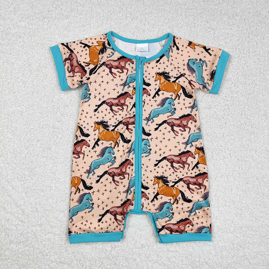 Baby Infant Boys Western Horse Short Sleeve Zip Rompers