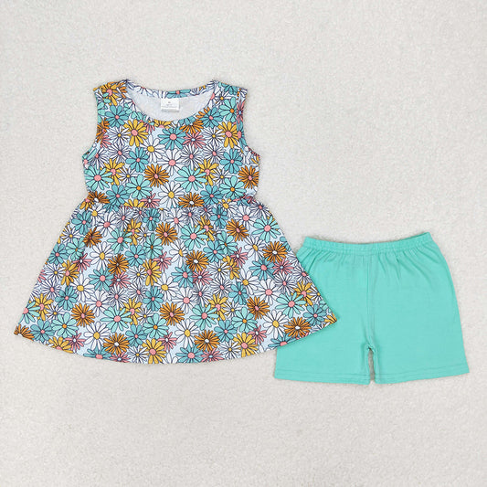 Baby Girls Blue Flowers Sleeveless Tunic Shorts Clothes Sets