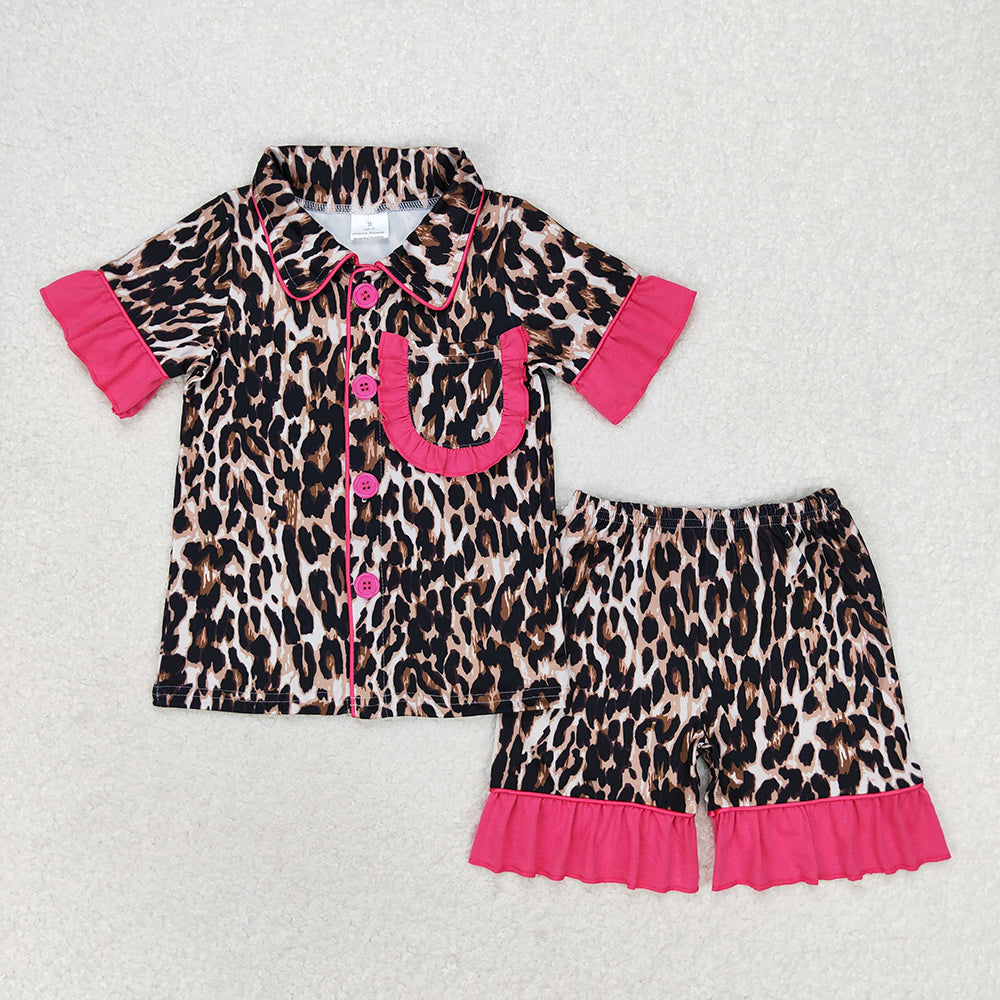 Mommy and Me Leopard Pockets Shirts Ruffle Shorts Pajamas Clothes Sets